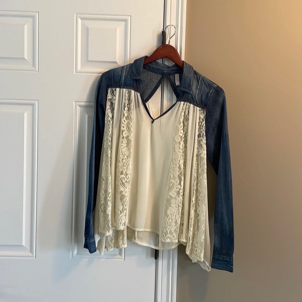 Free People Chambray and Lace Sheer Blouse | Sz S